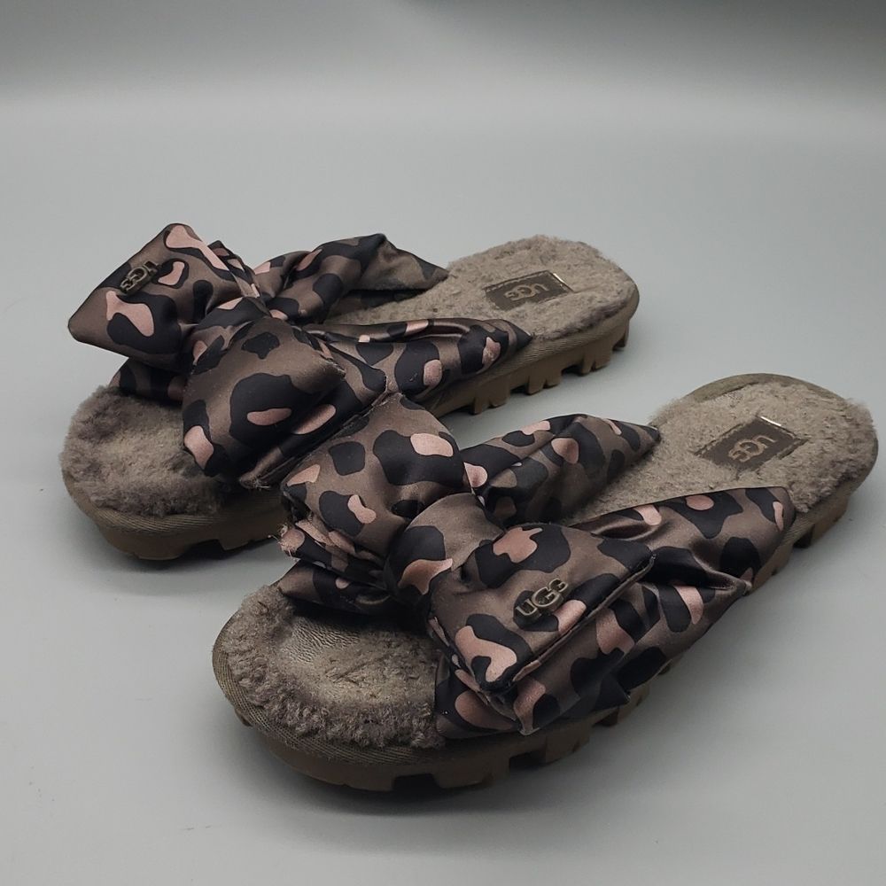 UGG LEOPARD LUSHETTE SLIDE SHEARLING SATIN PUFFER SANDALS - Picture 3 of 9